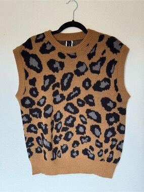 ROMWE Brown Leopard Print Knit Vest - Brown, Black
